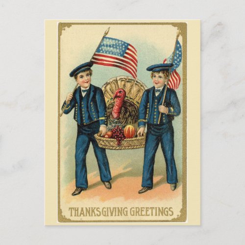 Patriotic American Thanksgiving Turkey in A Basket Postcard