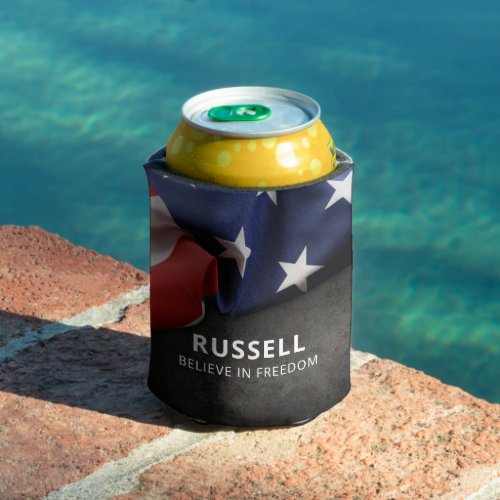 Patriotic American USA Flag Personalized Can Cooler