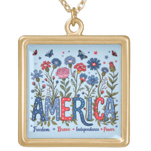 Patriotic American Wildflowers Fourth of July USA Gold Plated Necklace