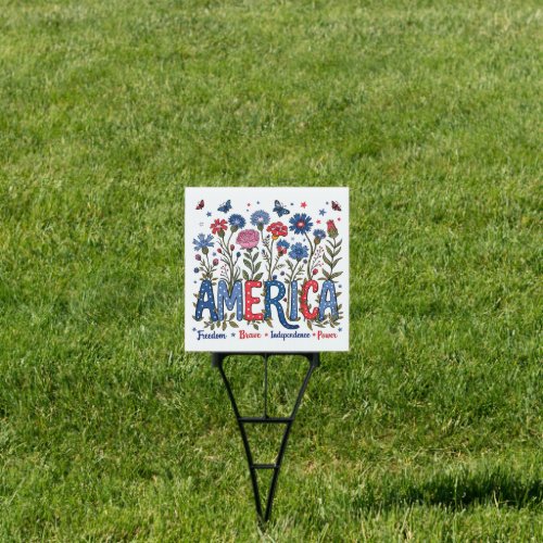 Patriotic American Wildflowers Fourth of July USA Sign