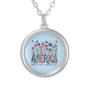 Patriotic American Wildflowers Fourth of July USA Silver Plated Necklace