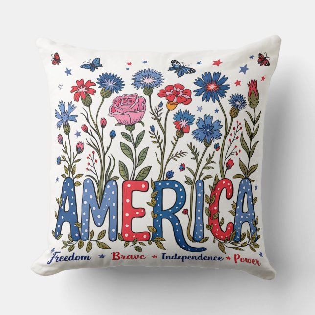 Patriotic American Wildflowers Fourth of July USA Throw Pillow (Front)