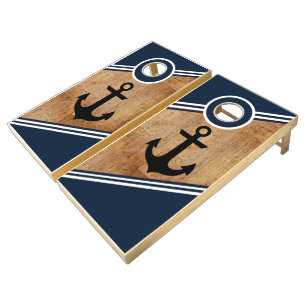 Patriotic Anchor Navy Blue & White Stripes Cornhol Cornhole Set