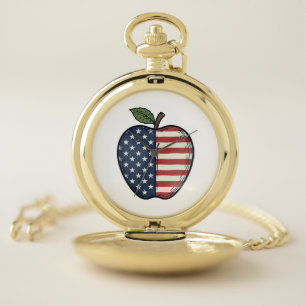 Patriotic Apple Vintage Engraving Vector Design_1 Pocket Watch