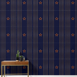 Patriotic Art Deco - Gold Stripes Red Star on Navy Wallpaper