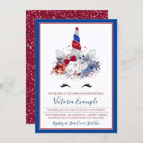 Patriotic Baby Shower Unicorn Red White Blue Baby Invitation