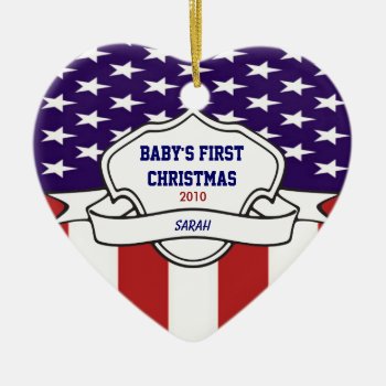 Patriotic Babys 1st Christmas Custom Photo Dated Ceramic Ornament by ornamentcentral at Zazzle