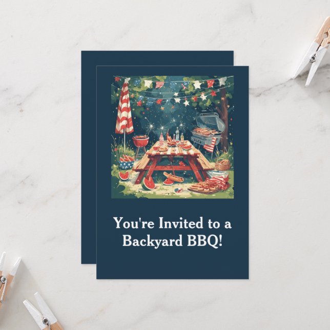Patriotic Backyard BBQ Scene – 4th of July Cookout Invitation (Front/Back In Situ)