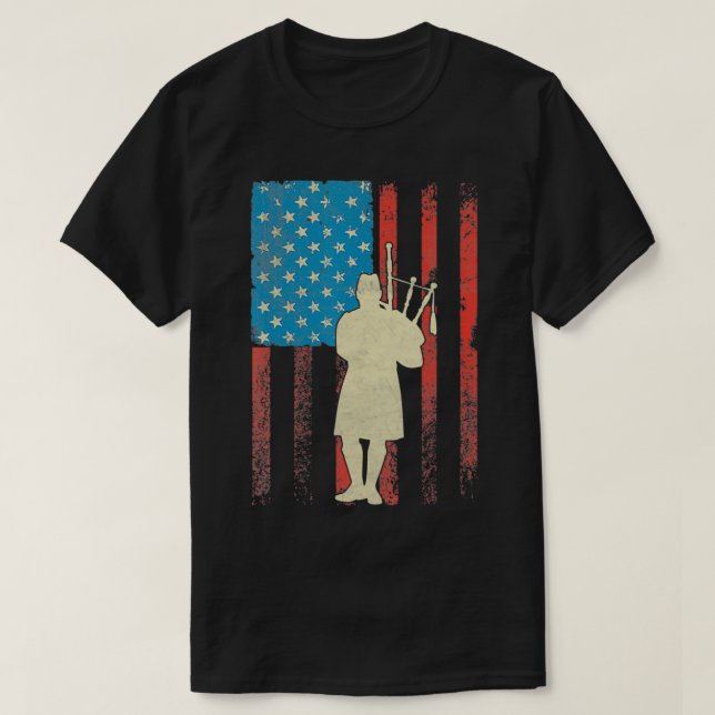 Patriotic Bagpiper American Flag USA Bagpipes  T-Shirt (Design Front)