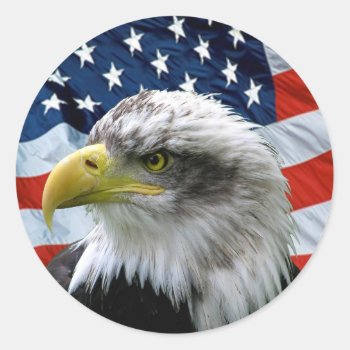 Patriotic Bald Eagle American Flag Classic Round Sticker by tjustleft at Zazzle
