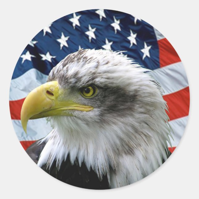 Patriotic Bald Eagle American Flag Classic Round Sticker (Front)