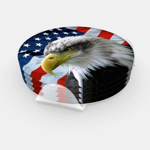Patriotic Bald Eagle American Flag Coaster Set