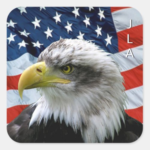 Patriotic Bald Eagle American Flag Monogrammed Square Sticker