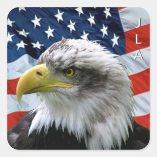 Patriotic Bald Eagle American Flag Monogrammed Square Sticker