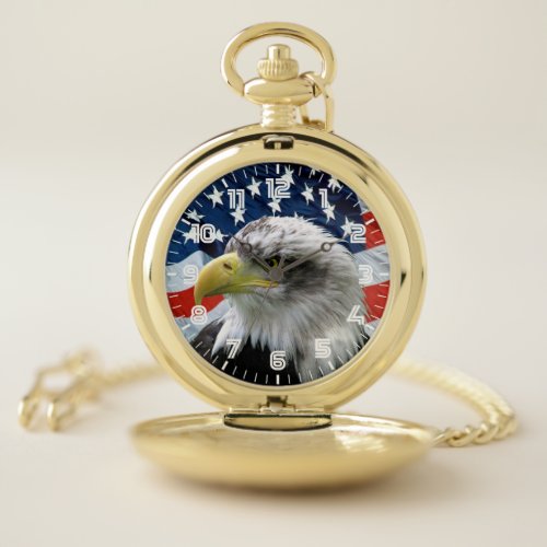 Patriotic Bald Eagle American Flag Pocket Watch