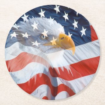 Patriotic Bald Eagle American Flag Round Paper Coaster by tjustleft at Zazzle