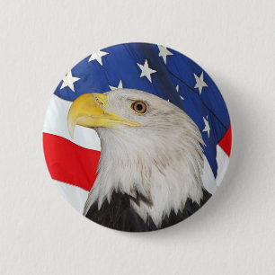 Patriotic Bald Eagle and American Flag Button