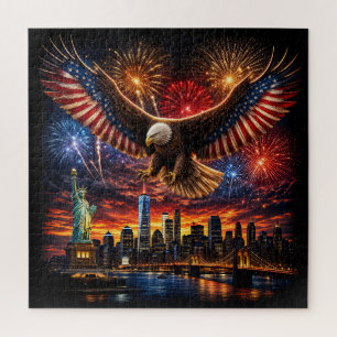 Patriotic Bald Eagle Fireworks New York Skyline  Jigsaw Puzzle
