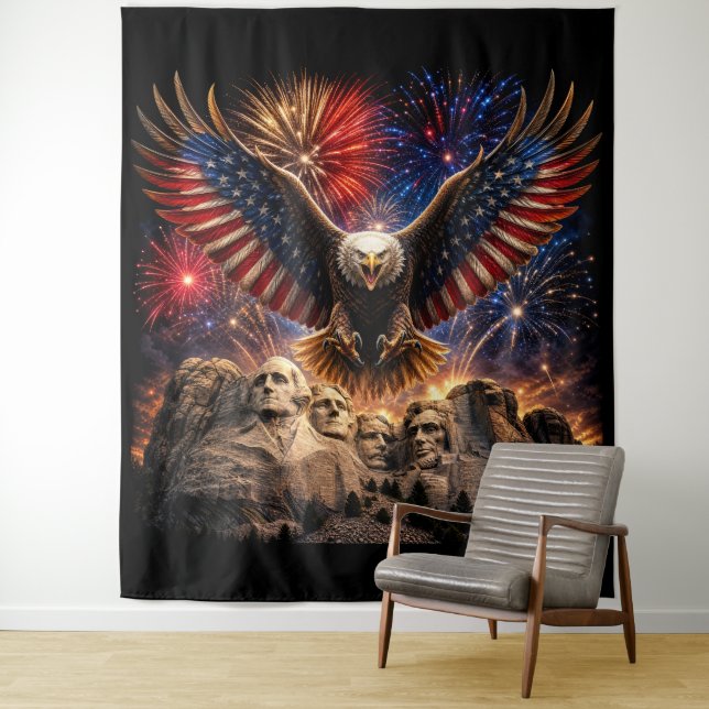 Patriotic Bald Eagle Mount Rushmore Fireworks Wall Tapestry (In Situ)