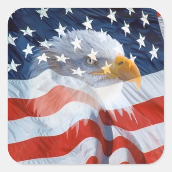 Patriotic Bald Eagle On The American Flag Square Sticker by tjustleft at Zazzle