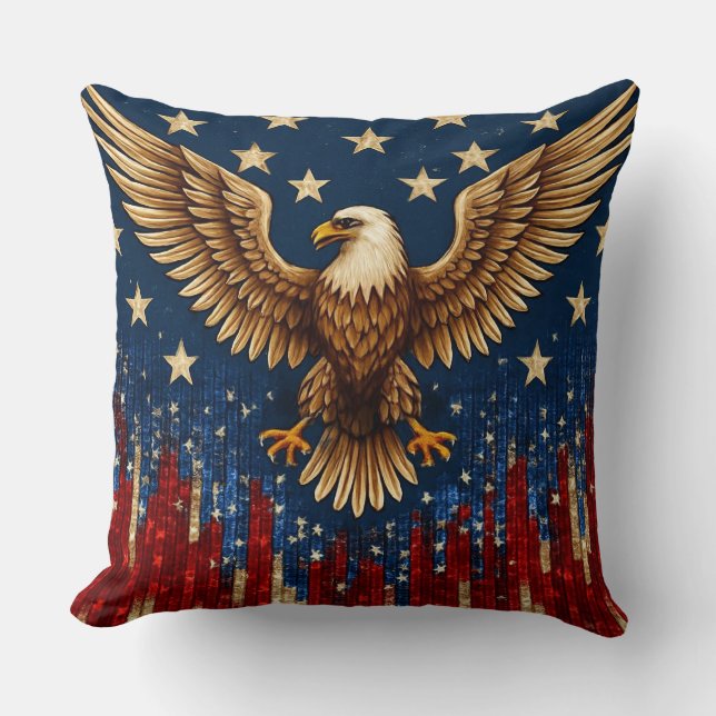 “Patriotic Bald Eagle Throw Pillow – American Flag (Front)
