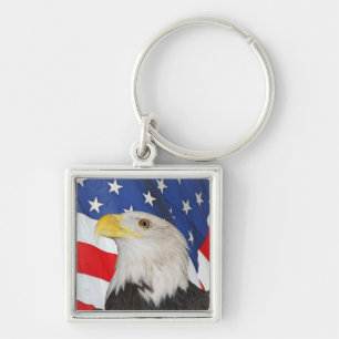 Patriotic Bald Eagle With American Flag Background Keychain
