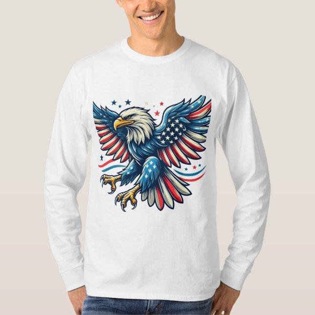 Patriotic Bald Eagle with American Flag Design T-Shirt (Front)