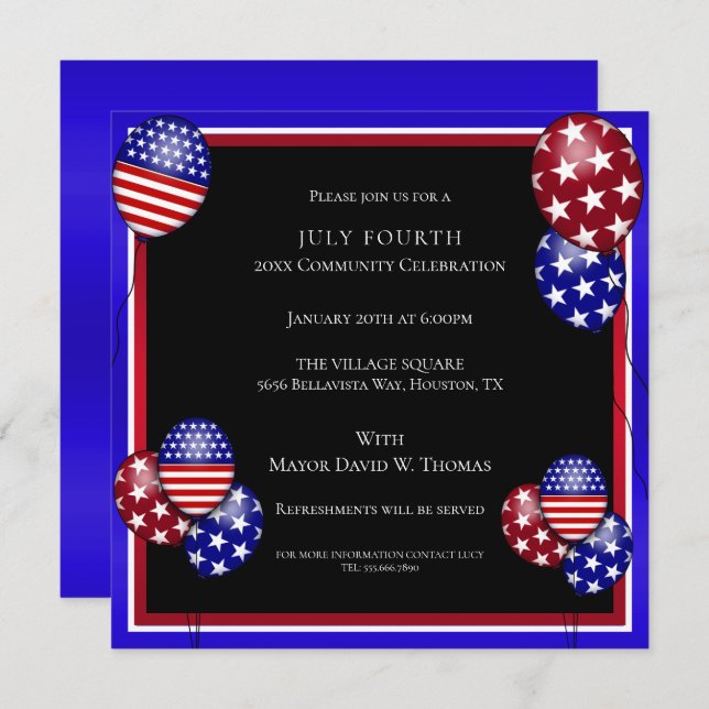 Patriotic Balloon Decorated July 4th Invitation (Front/Back)