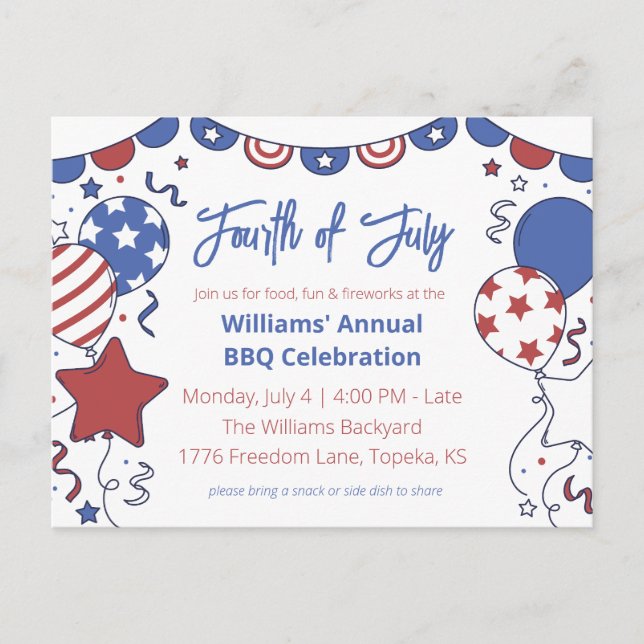 Patriotic Balloons Fourth of July Party Invitation Postcard (Front)