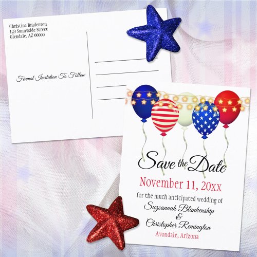 Patriotic Balloons Wedding Save The Date Custom Announcement Postcard