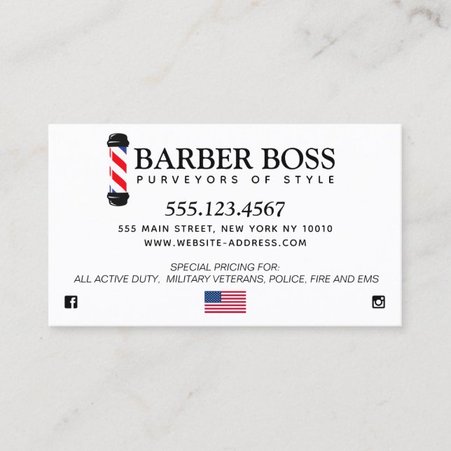 Patriotic Barber Shop Pole With American Flag Business Card (Front)
