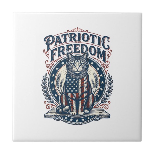 Patriotic Barn Cat Vector Graphic Tee_1 Ceramic Tile (Front)