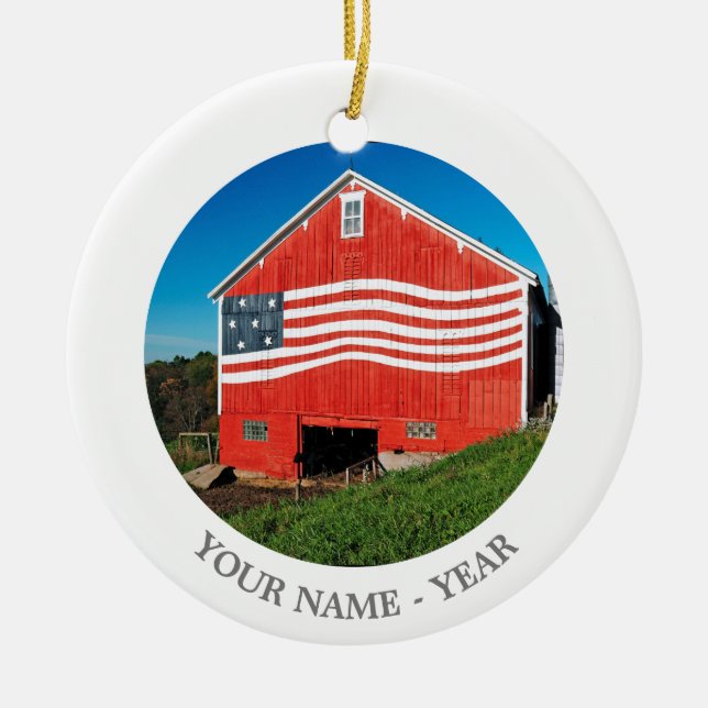 Patriotic Barn Ceramic Ornament (Front)