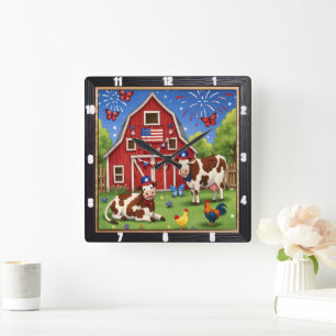 Patriotic Barn Farm Fireworks  Square Wall Clock