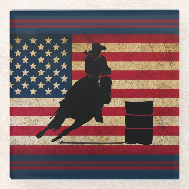 Patriotic Barrel Racing American Flag Horse Glass Coaster (Front)