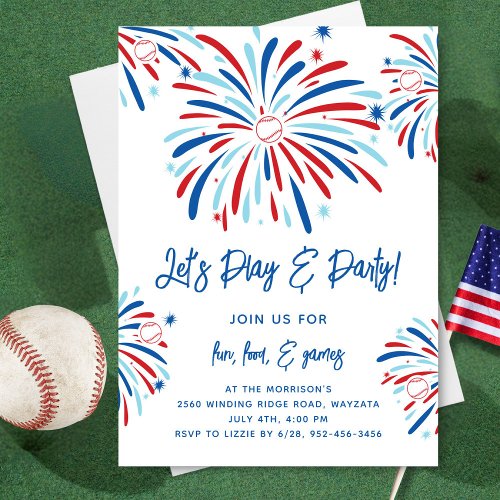 Patriotic Baseball  Fireworks 4th of July Party Invitation