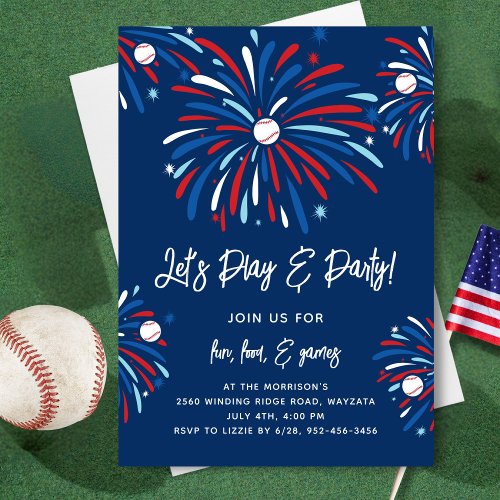 Patriotic Baseball  Fireworks 4th of July Party Invitation