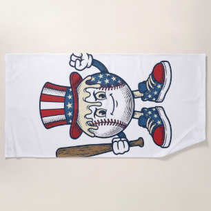 Patriotic Baseball Mascot Vintage Engraving Design Beach Towel