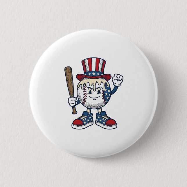Patriotic Baseball Mascot Vintage Engraving Design Button (Front)