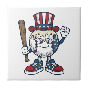 Patriotic Baseball Mascot Vintage Engraving Design Ceramic Tile