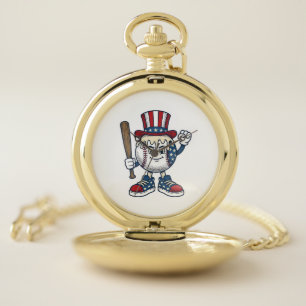 Patriotic Baseball Mascot Vintage Engraving Design Pocket Watch