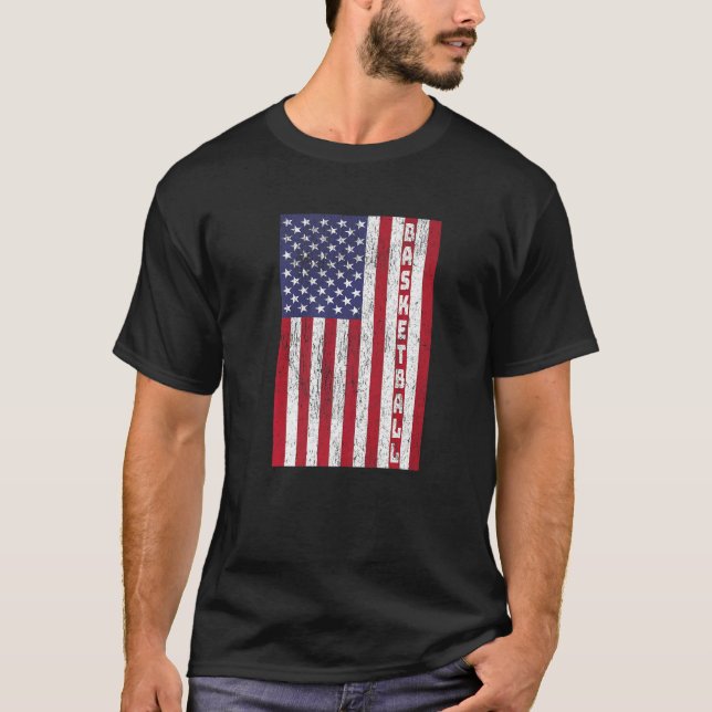 Patriotic Basketball  Vintage American Flag T-Shirt (Front)
