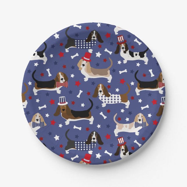 Patriotic Basset Hound Paper Plates (Front)