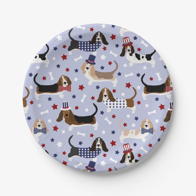 Patriotic Basset Hound Paper Plates (Front)