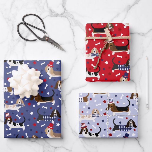 Patriotic Basset Hound Wrapping Paper Sheets (Front)