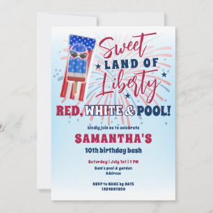 Patriotic Bday July 4th Summer Pool Birthday Party Invitation