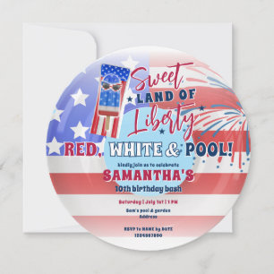 Patriotic Bday July 4th Summer Pool Birthday Party Invitation