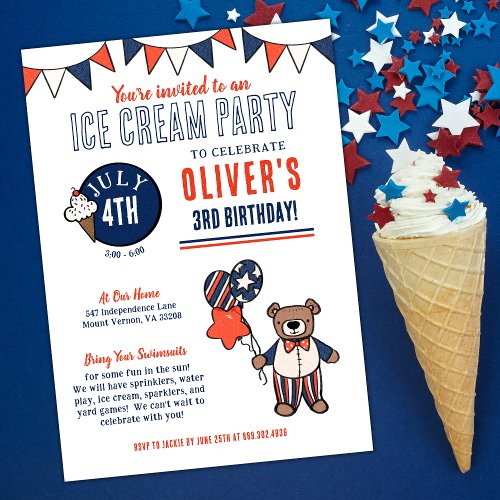 Patriotic Bear Ice Cream Party Birthday Invitation