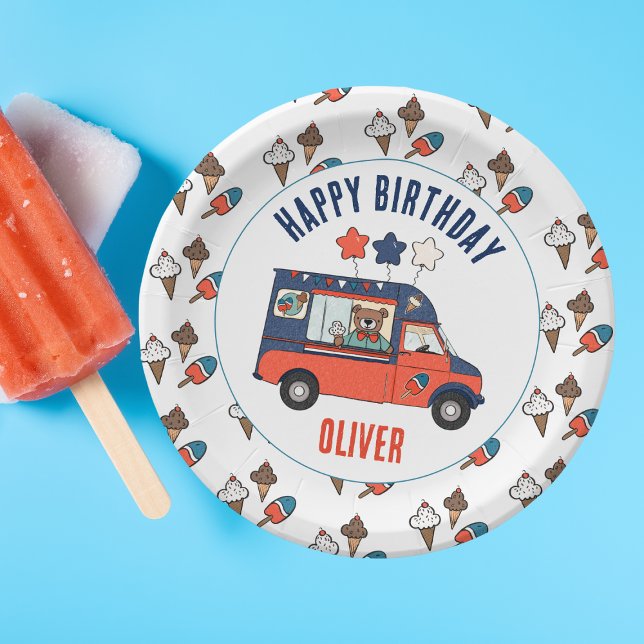 Patriotic Bear Ice Cream Party Birthday Paper Plates (Cute Ice Cream Truck Personalized Birthday Party Plates)