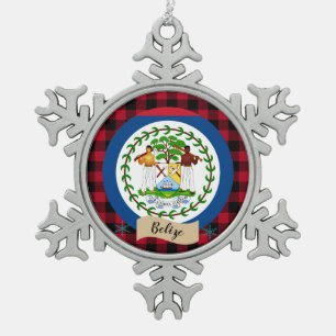 Patriotic Belize, Red buffalo plaid & Belize Flag Snowflake Pewter Christmas Ornament